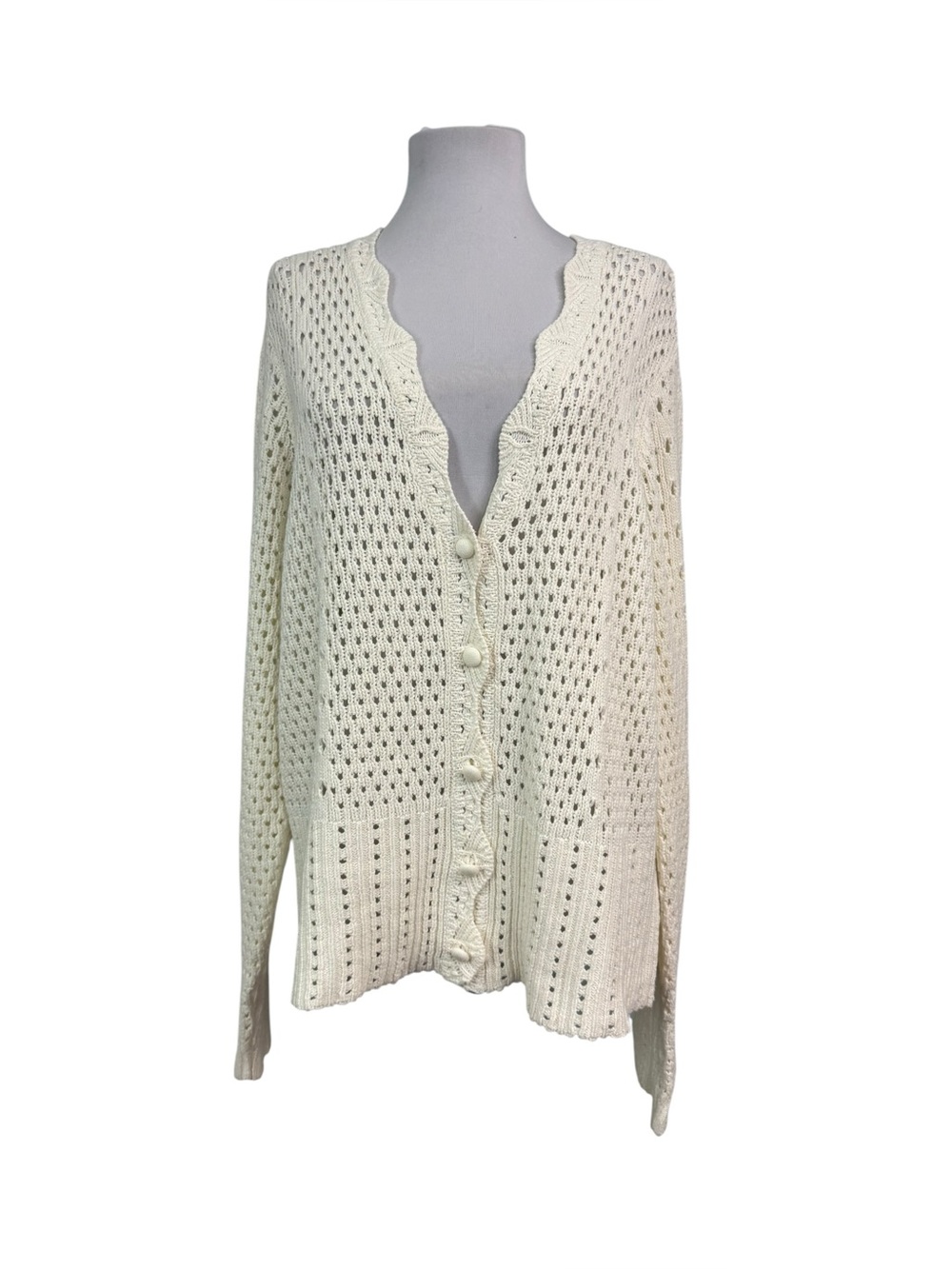 Marled Women's XL Open Crochet Knit Sweater Cardigan Ivory Long Sleeves Cotton